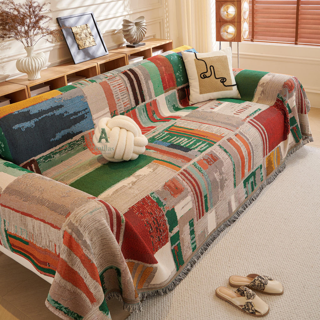 Boho Cotton Sofa Throw, Geometric Patchwork Design, Tassel Fringe