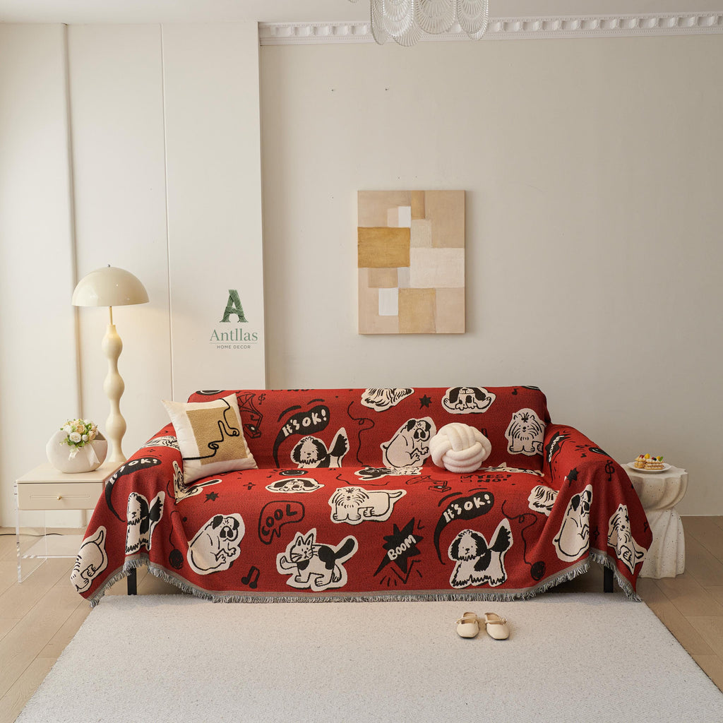 Red Pop Art Sofa Cover, Cartoon Dog Cat Couch Throw, Funny Comic Slipcover, Poly-Cotton Jacquard Blanket, Cool Teen Room Decor