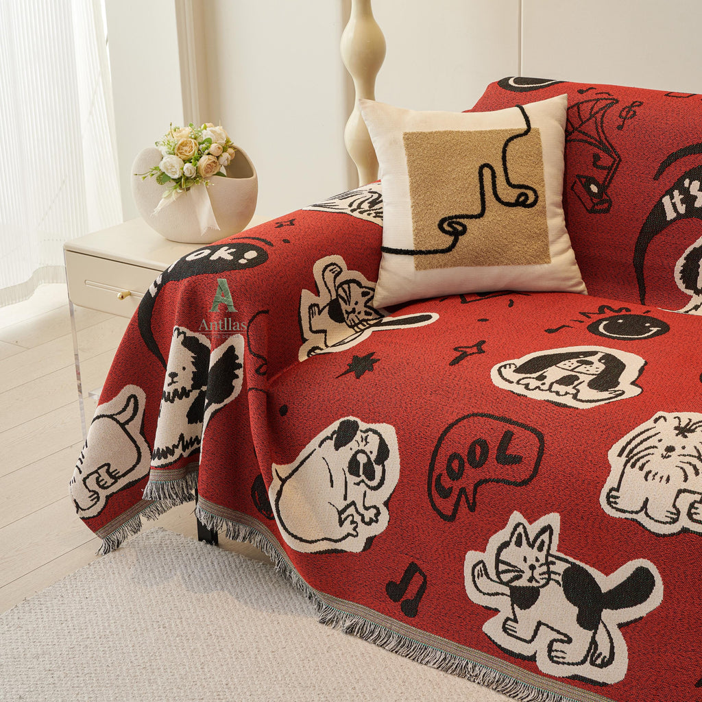 Red Pop Art Sofa Cover, Cartoon Dog Cat Couch Throw, Funny Comic Slipcover, Poly-Cotton Jacquard Blanket, Cool Teen Room Decor