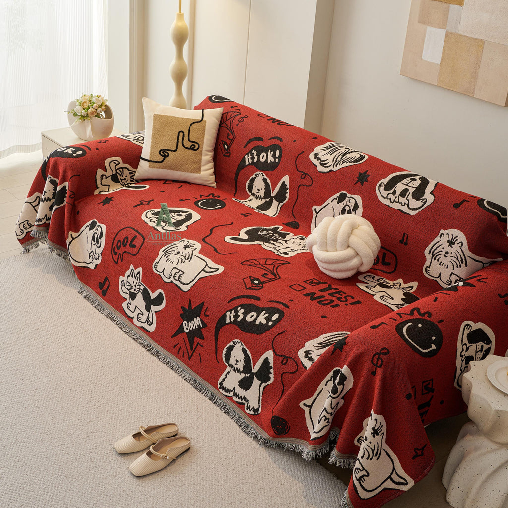 Red Pop Art Sofa Cover, Cartoon Dog Cat Couch Throw, Funny Comic Slipcover, Poly-Cotton Jacquard Blanket, Cool Teen Room Decor