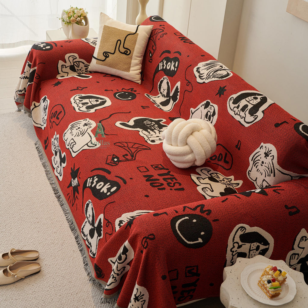 Red Pop Art Sofa Cover, Cartoon Dog Cat Couch Throw, Funny Comic Slipcover, Poly-Cotton Jacquard Blanket, Cool Teen Room Decor