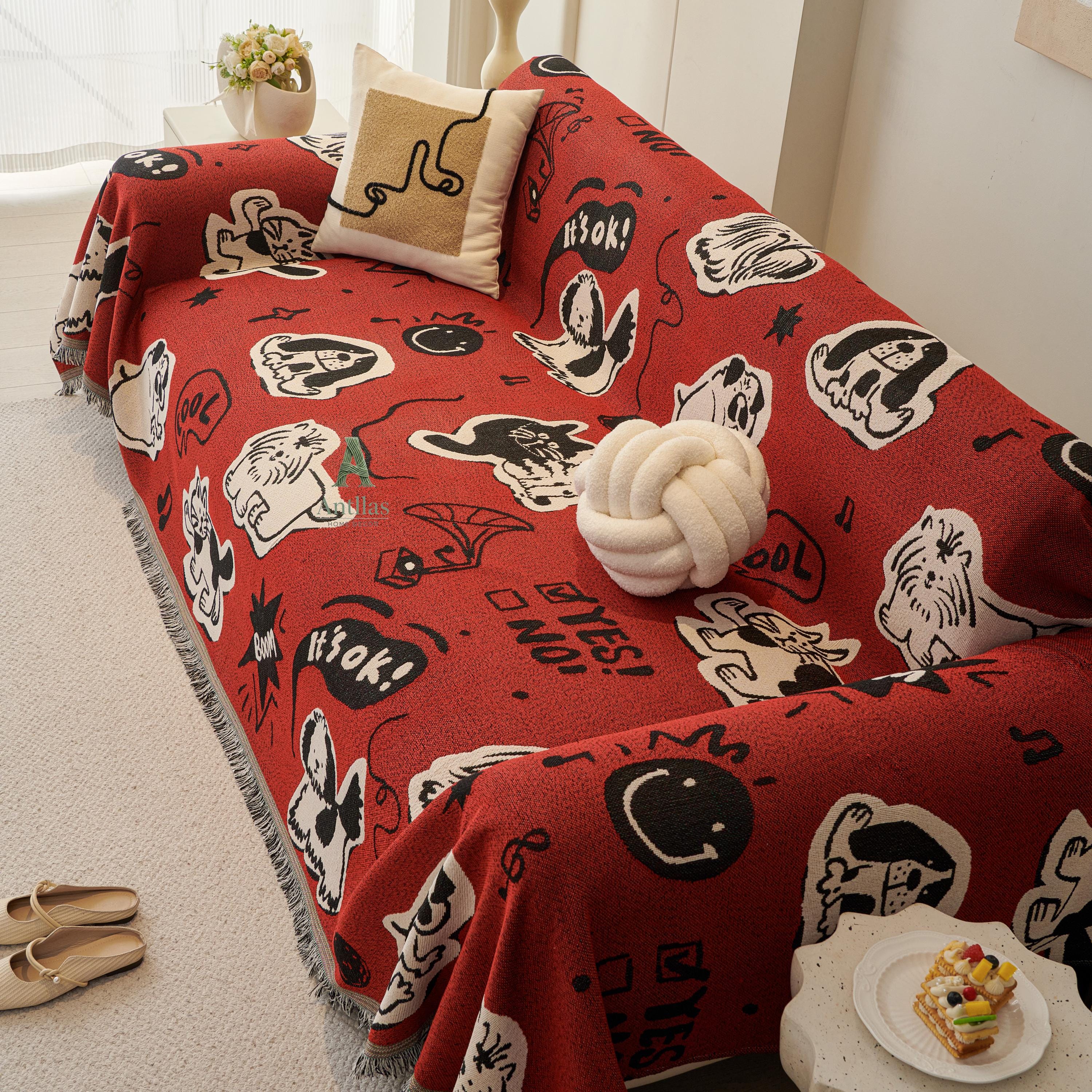 Red Pop Art Sofa Cover, Cartoon Dog Cat Couch Throw, Funny Comic Slipcover, Poly-Cotton Jacquard Blanket, Cool Teen Room Decor