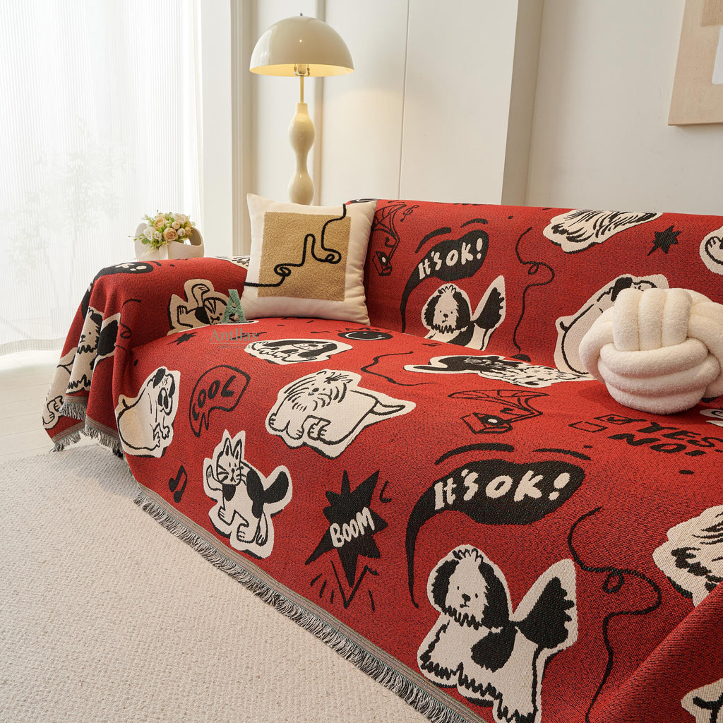 Red Pop Art Sofa Cover, Cartoon Dog Cat Couch Throw, Funny Comic Slipcover, Poly-Cotton Jacquard Blanket, Cool Teen Room Decor