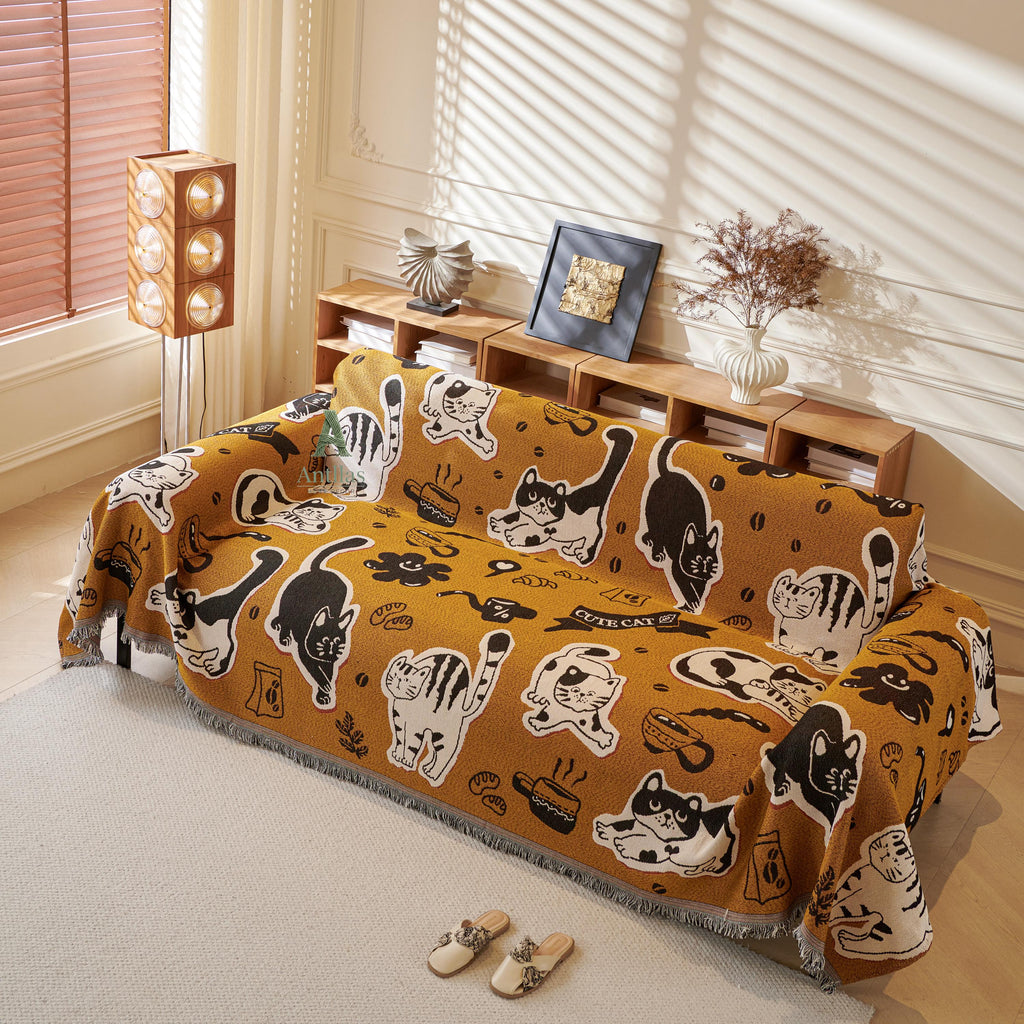 Red Pop Art Sofa Cover, Cartoon Dog Cat Couch Throw, Funny Comic Slipcover, Poly-Cotton Jacquard Blanket, Cool Teen Room Decor