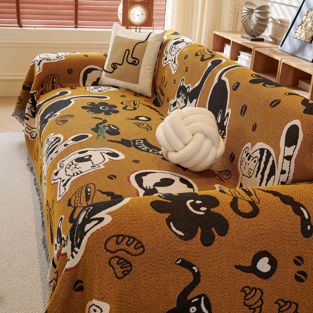 Red Pop Art Sofa Cover, Cartoon Dog Cat Couch Throw, Funny Comic Slipcover, Poly-Cotton Jacquard Blanket, Cool Teen Room Decor