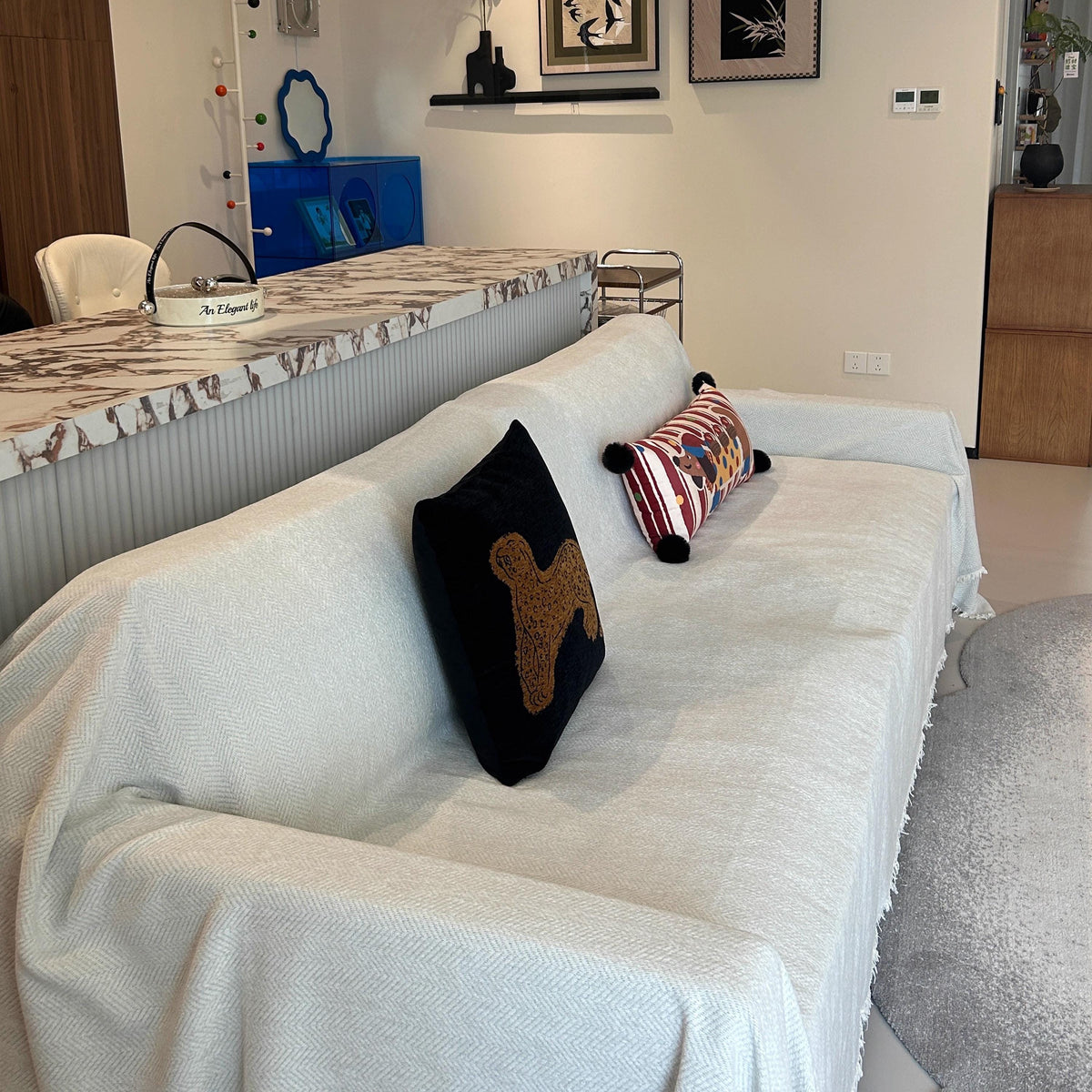 Solid Color Chenille Sofa Throw Blanket: Custom Length, All-Season Thick Soft Couch Cover