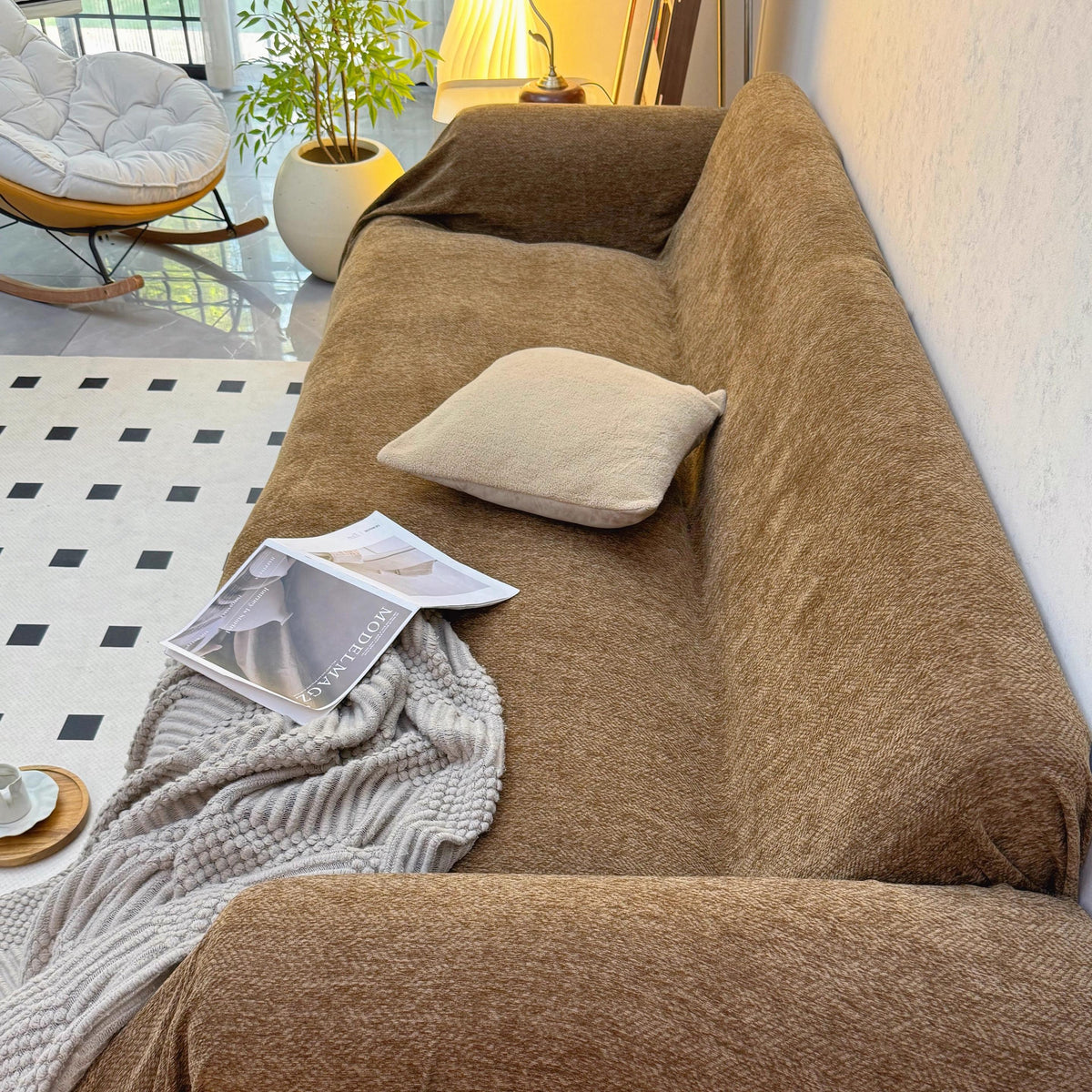Solid Color Chenille Sofa Throw Blanket: Custom Length, All-Season Thick Soft Couch Cover