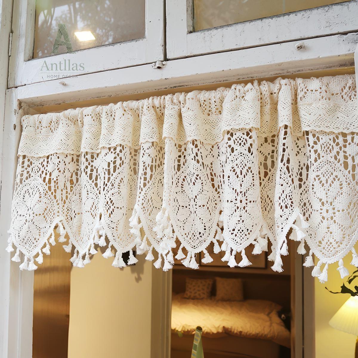 Boho Crochet Cotton Curtain, Vintage Lace Valance with Tassels