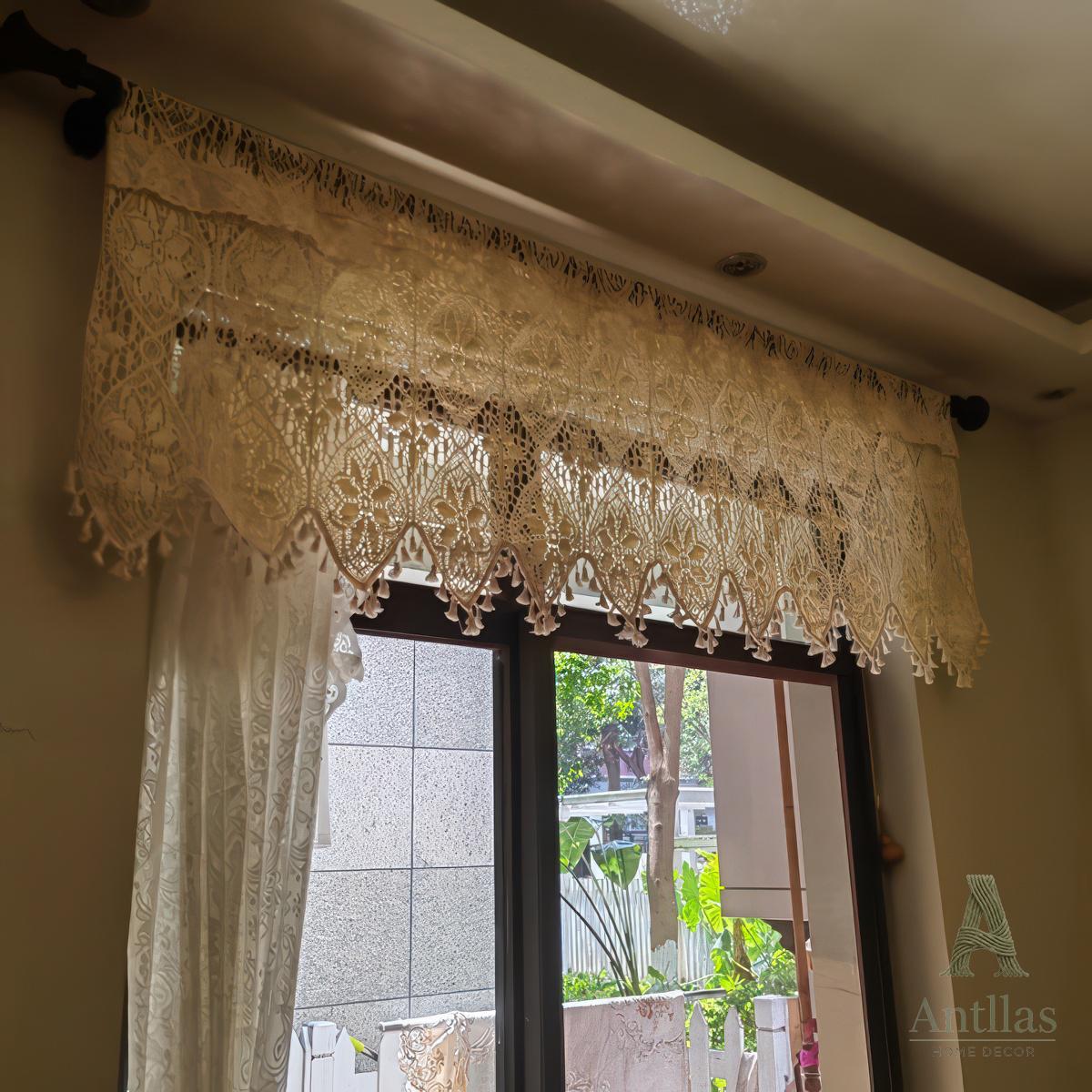 Boho Crochet Cotton Curtain, Vintage Lace Valance with Tassels