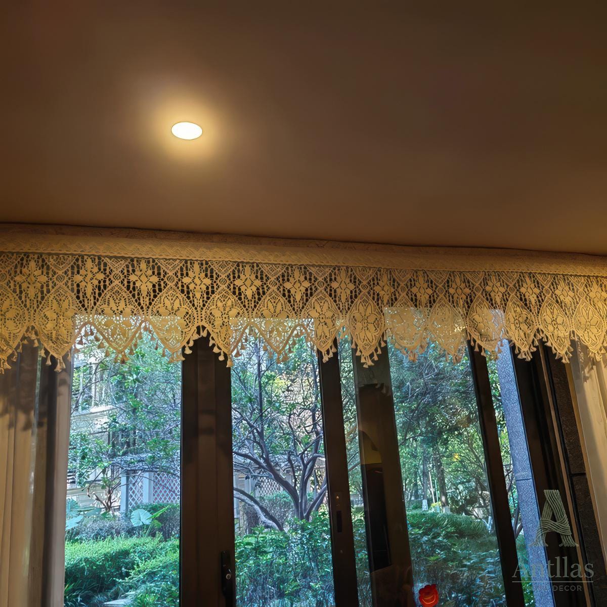 Boho Crochet Cotton Curtain, Vintage Lace Valance with Tassels