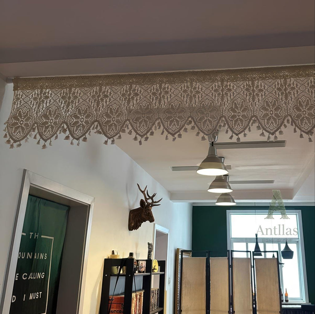 Boho Crochet Cotton Curtain, Vintage Lace Valance with Tassels