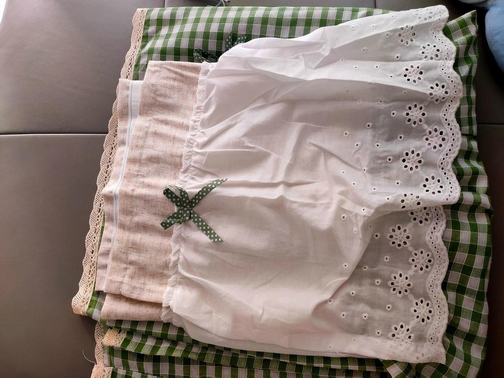 Green Gingham Sink Skirt, Eyelet Lace Farmhouse Cabinet Curtain