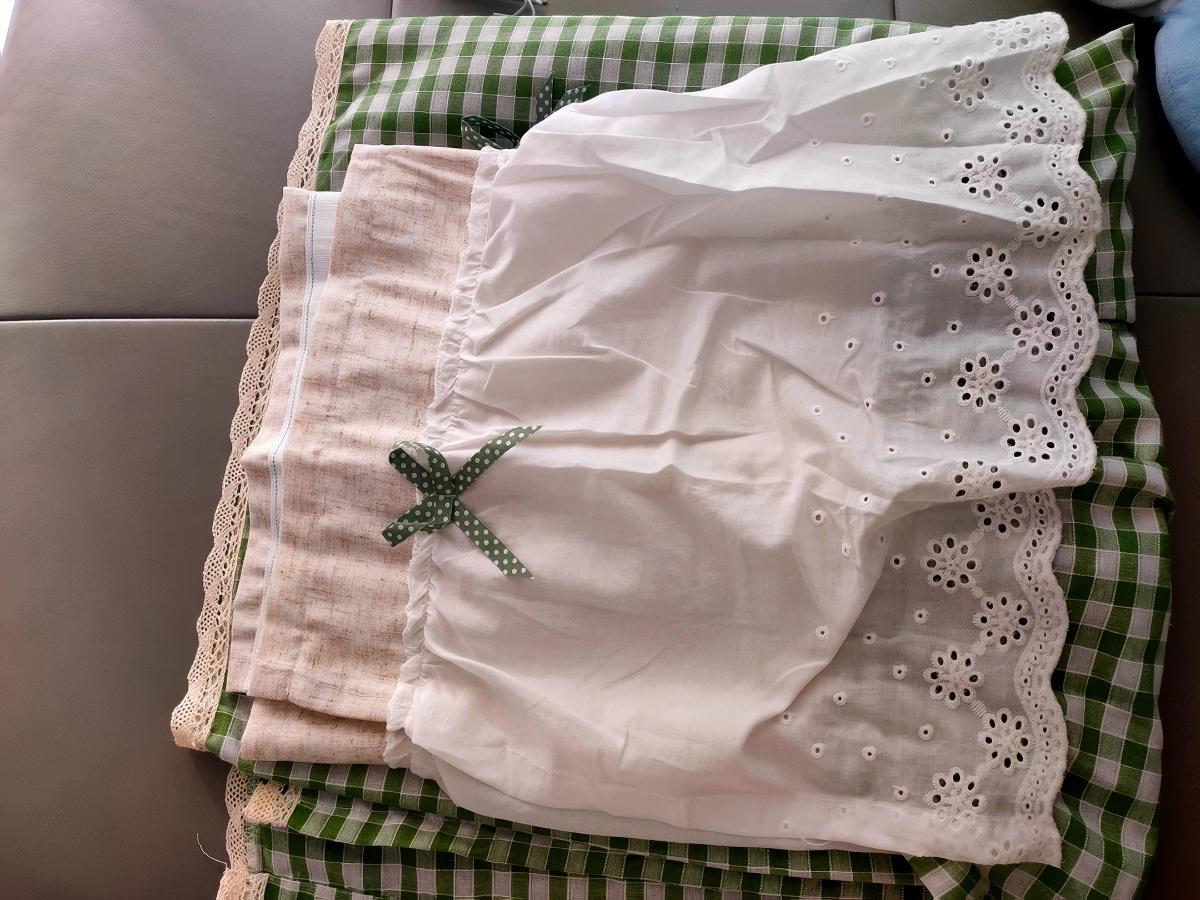 Green Gingham Sink Skirt, Eyelet Lace Farmhouse Cabinet Curtain