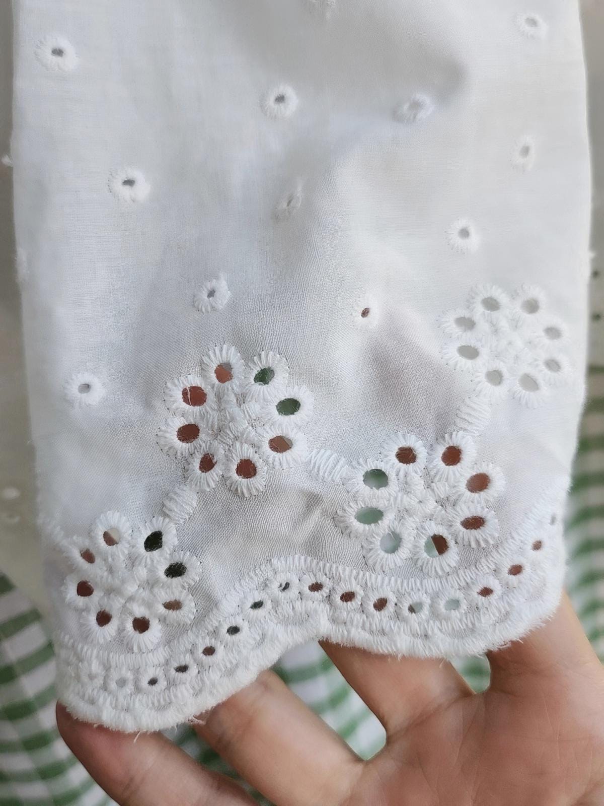 Green Gingham Sink Skirt, Eyelet Lace Farmhouse Cabinet Curtain