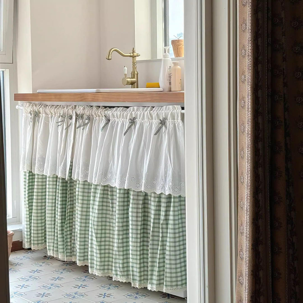 Green Gingham Sink Skirt, Eyelet Lace Farmhouse Cabinet Curtain