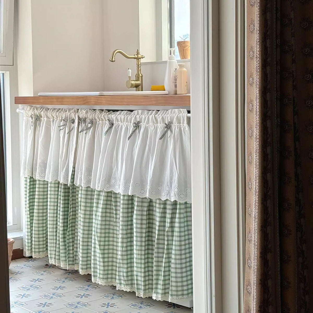 Green Gingham Sink Skirt, Eyelet Lace Farmhouse Cabinet Curtain