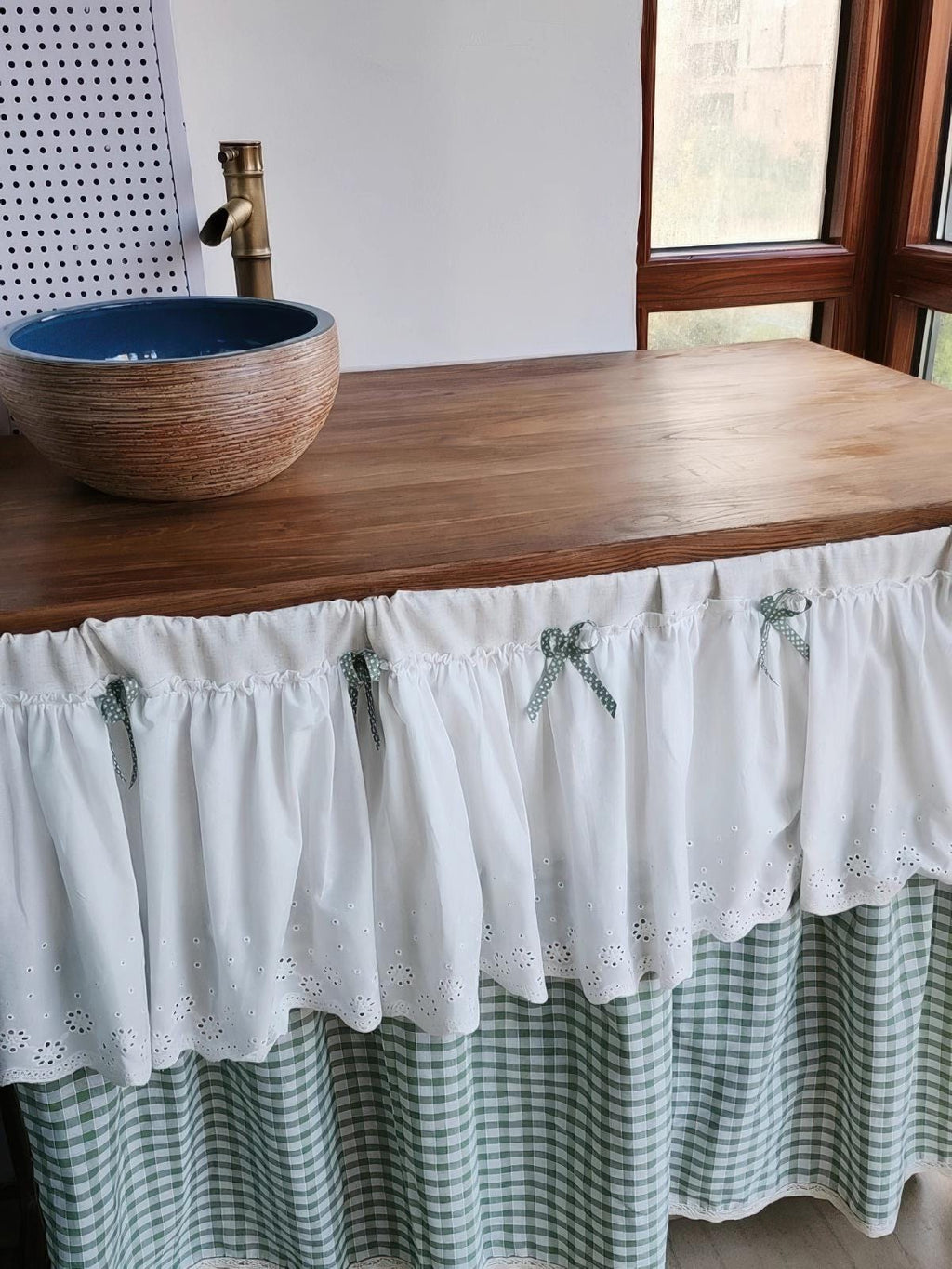Green Gingham Sink Skirt, Eyelet Lace Farmhouse Cabinet Curtain