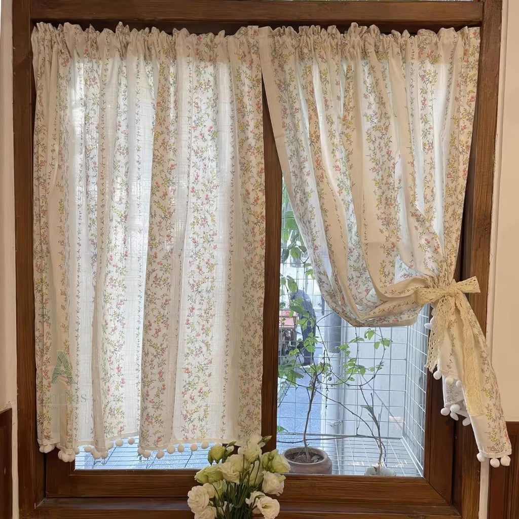 Floral Cafe Curtain – Shabby Chic Cotton Linen Valance with Pom Pom Trim