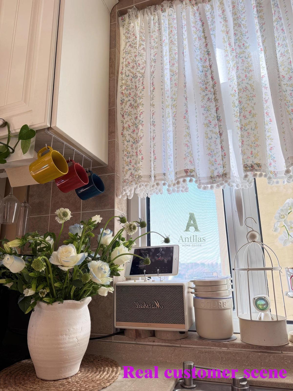 Floral Cafe Curtain – Shabby Chic Cotton Linen Valance with Pom Pom Trim