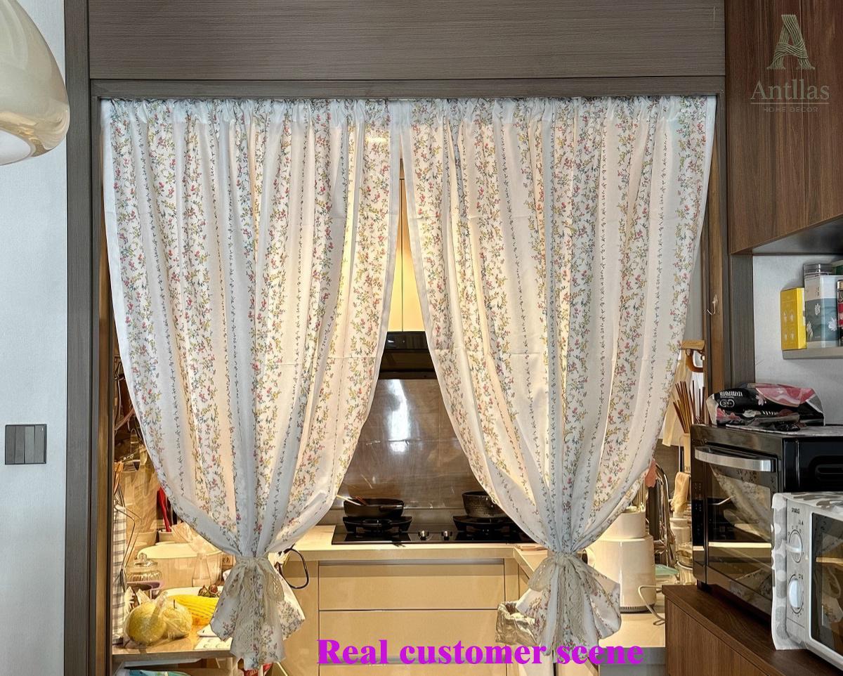 Floral Cafe Curtain – Shabby Chic Cotton Linen Valance with Pom Pom Trim