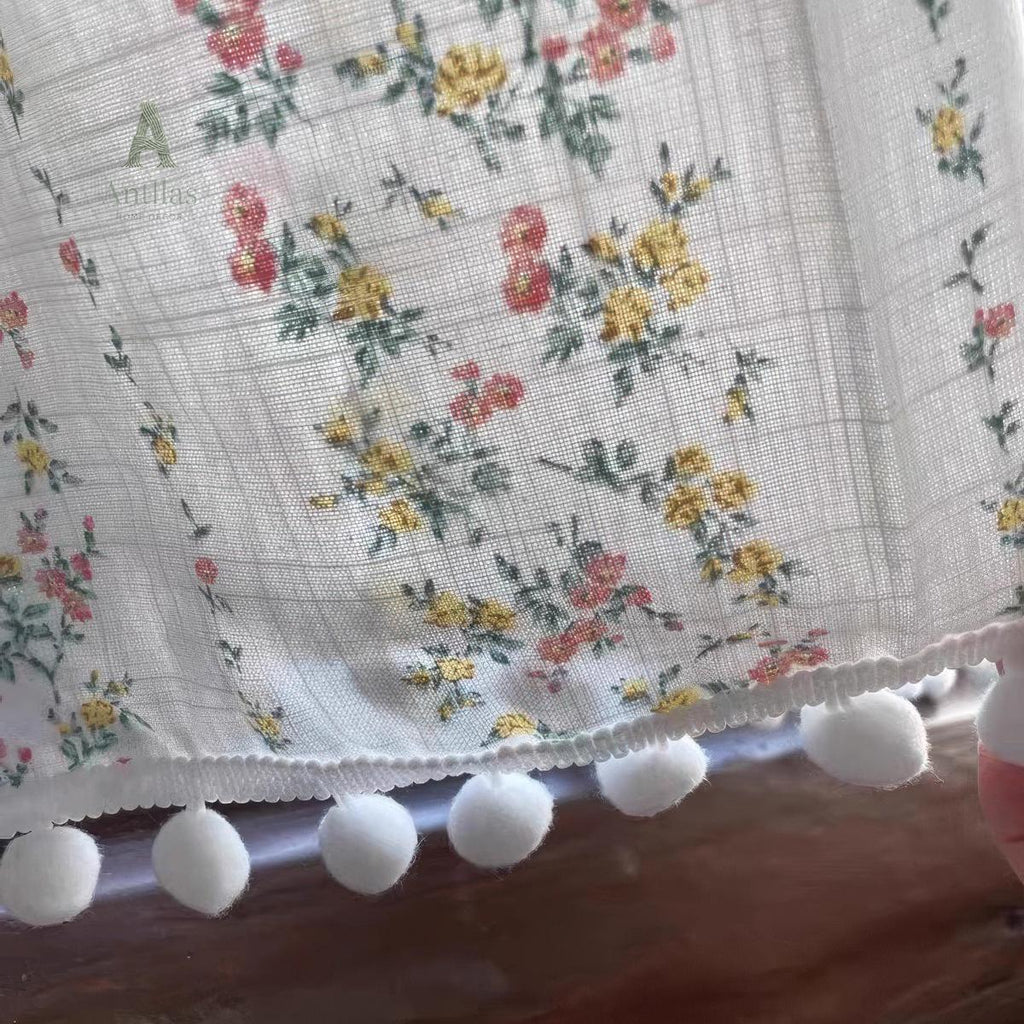 Floral Cafe Curtain – Shabby Chic Cotton Linen Valance with Pom Pom Trim