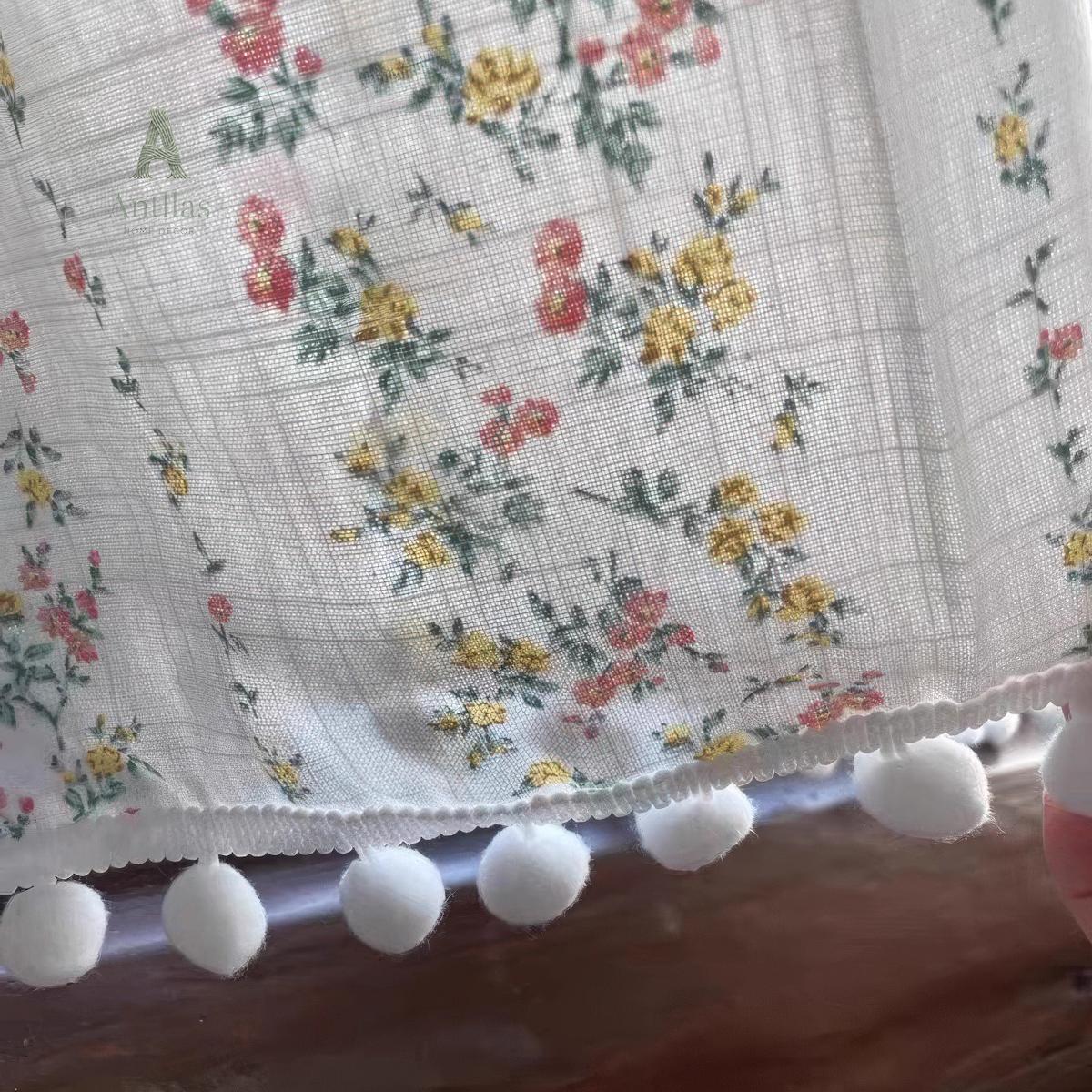 Floral Cafe Curtain – Shabby Chic Cotton Linen Valance with Pom Pom Trim