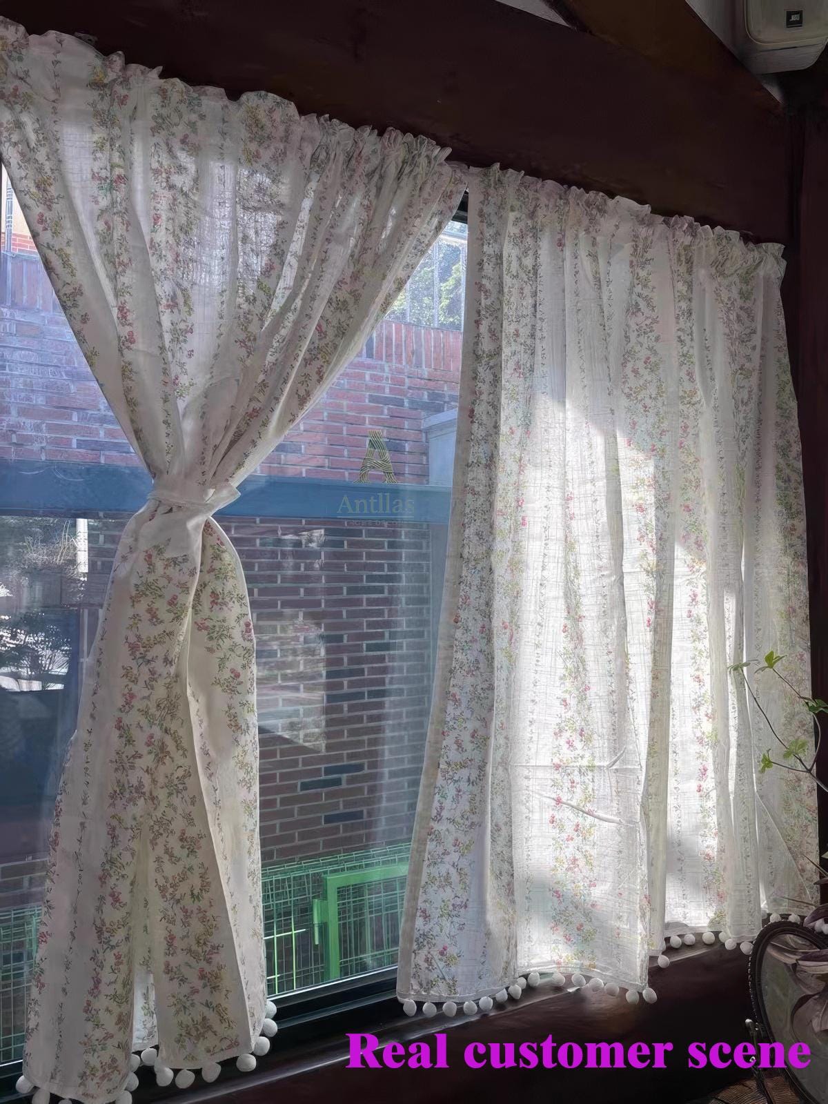 Floral Cafe Curtain – Shabby Chic Cotton Linen Valance with Pom Pom Trim