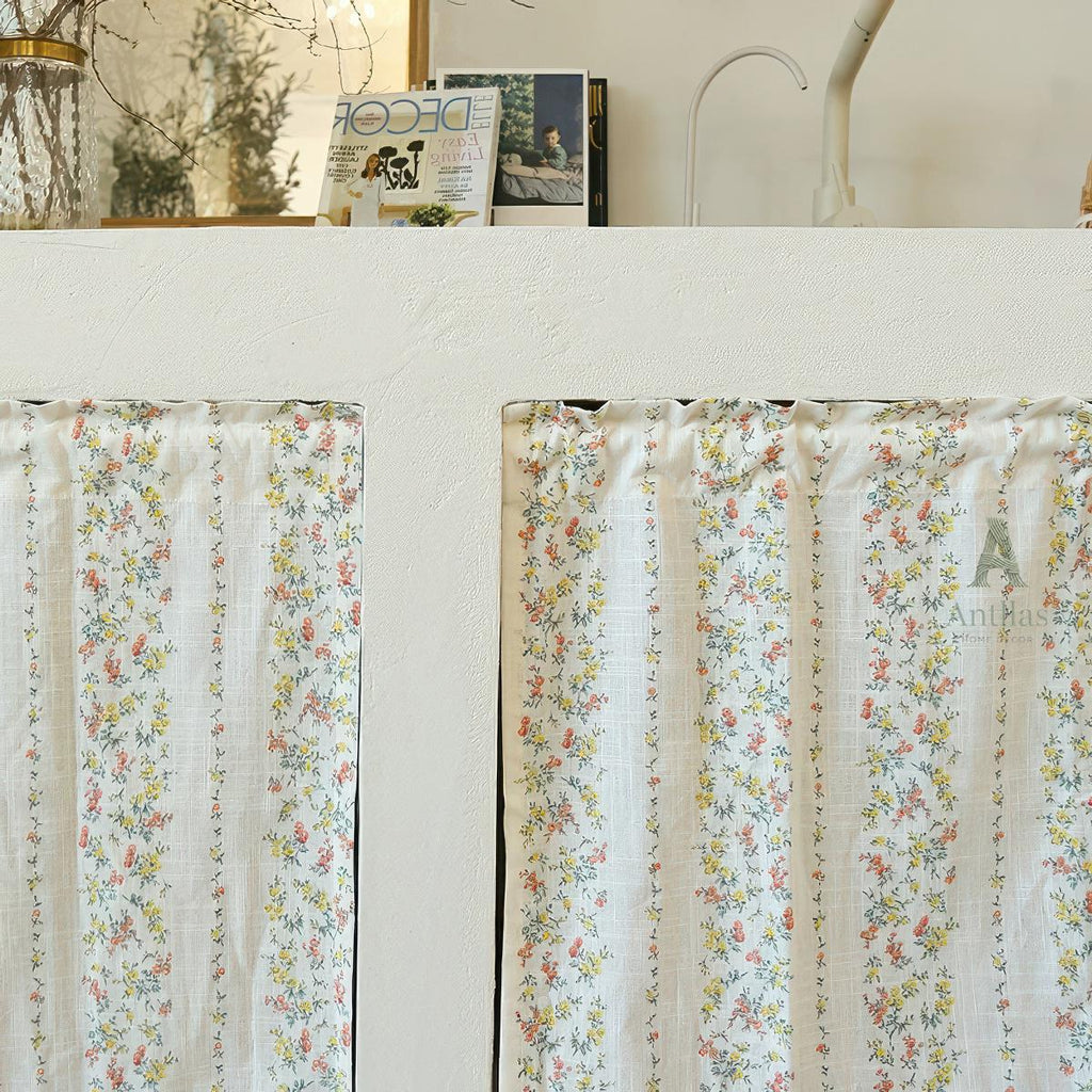 Floral Cafe Curtain – Shabby Chic Cotton Linen Valance with Pom Pom Trim