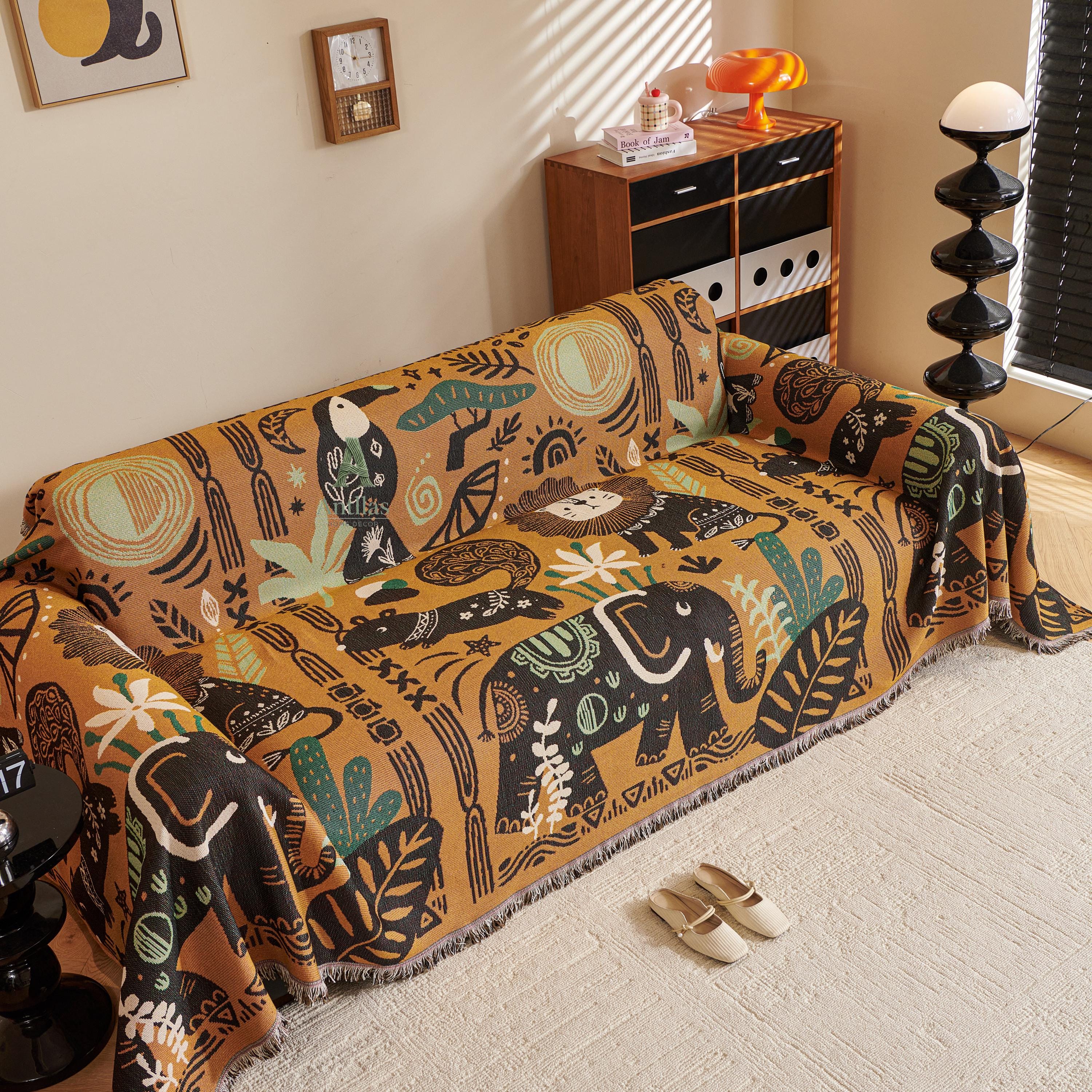 Chenille Jungle Animal Sofa Throw, Tribal Boho Kids Decor