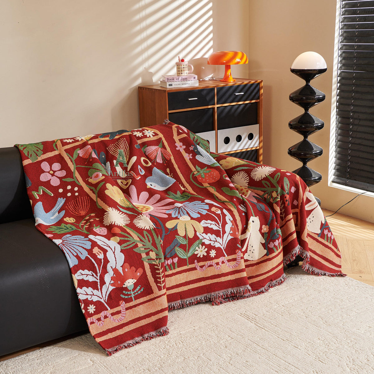 Chenille Sofa Throw Cover, Whimsical Garden Cat & Flower, Red Folk Art