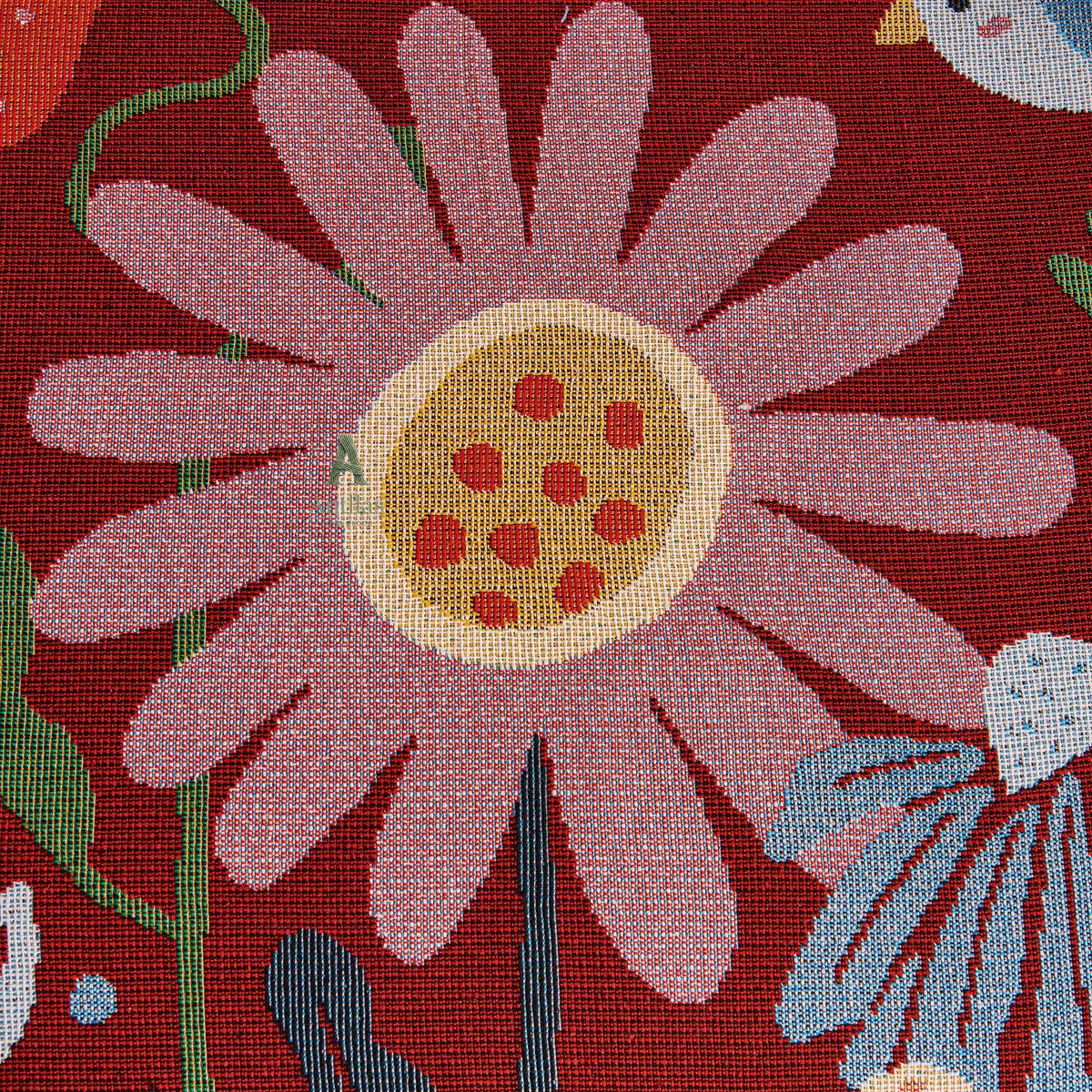 Chenille Sofa Throw Cover, Whimsical Garden Cat & Flower, Red Folk Art