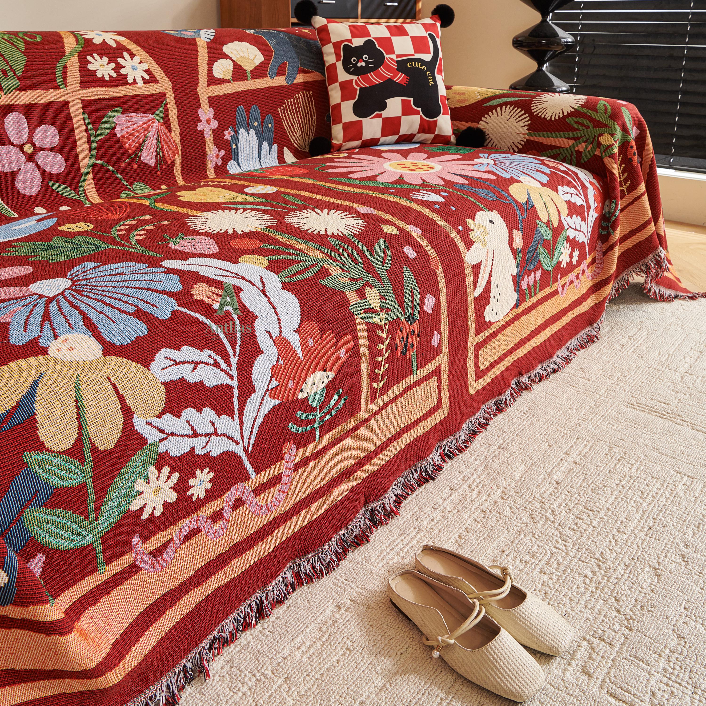 Chenille Sofa Throw Cover, Whimsical Garden Cat & Flower, Red Folk Art
