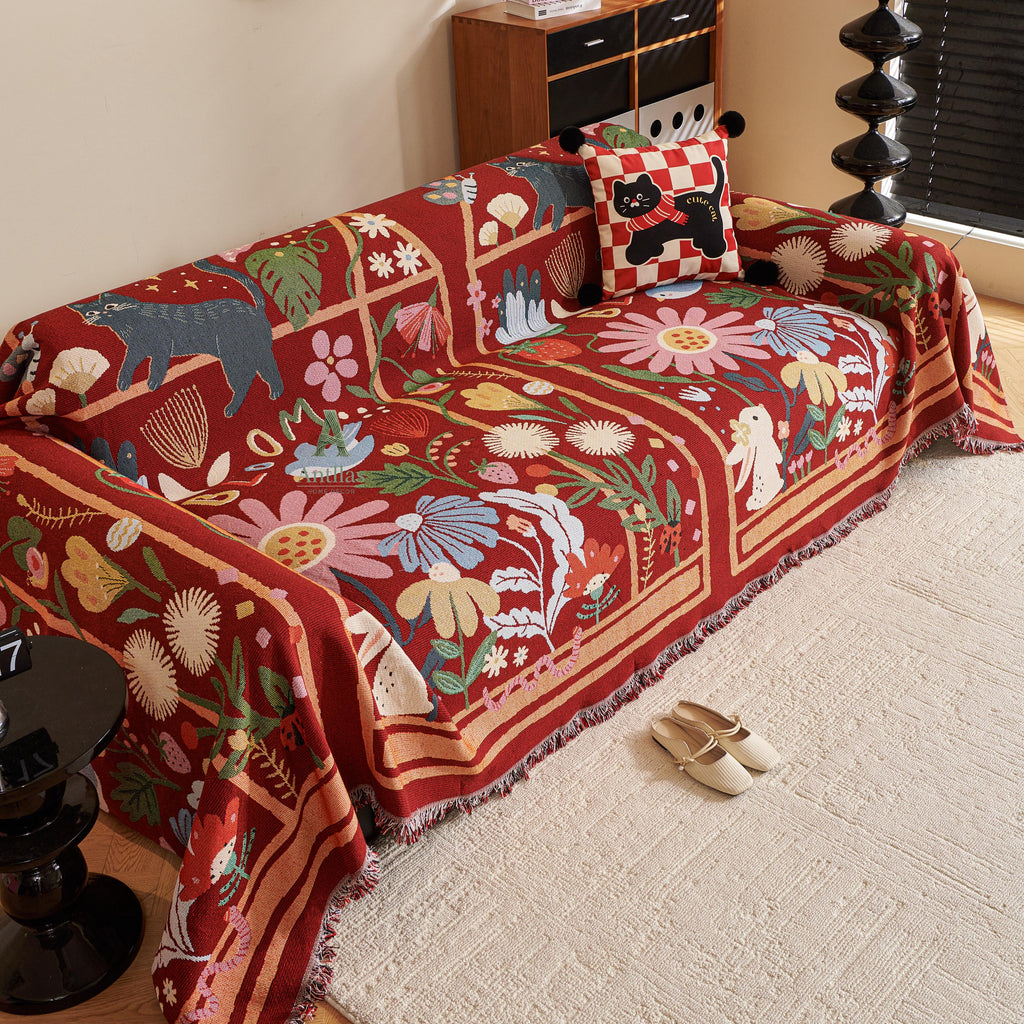 Chenille Sofa Throw Cover, Whimsical Garden Cat & Flower, Red Folk Art