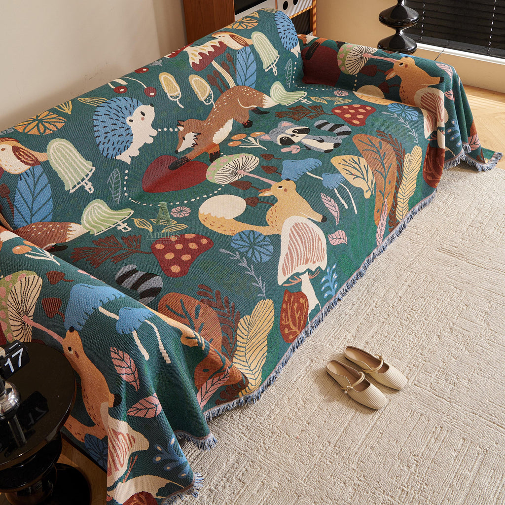 Forest Animal Chenille Throw Blanket, Cottagecore Kids Decor