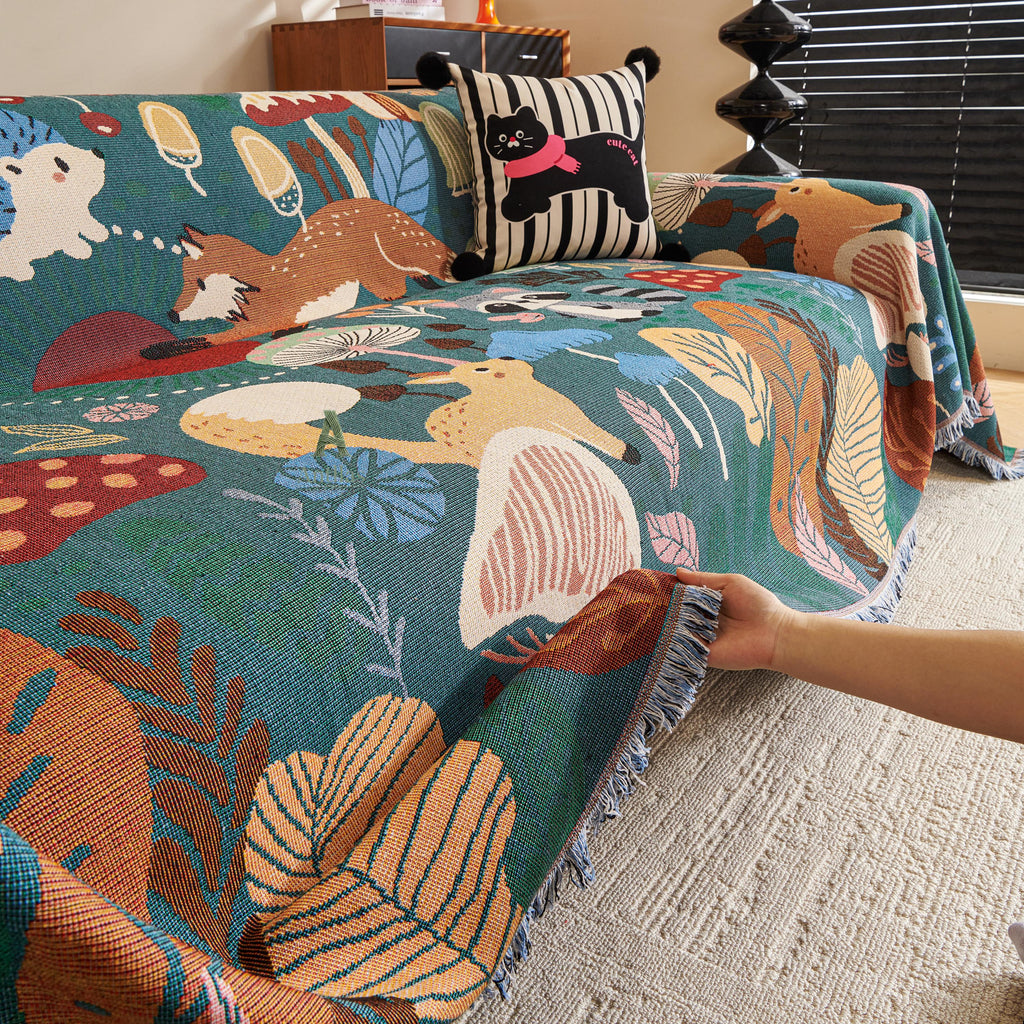 Forest Animal Chenille Throw Blanket, Cottagecore Kids Decor