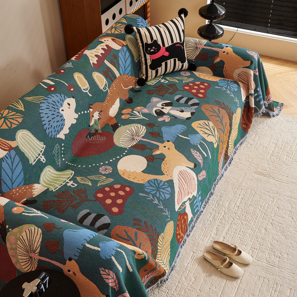 Forest Animal Chenille Throw Blanket, Cottagecore Kids Decor