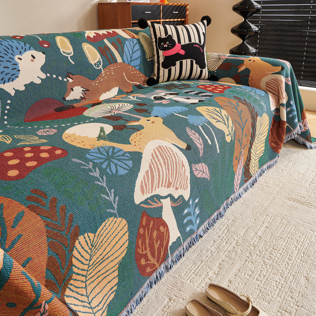 Forest Animal Chenille Throw Blanket, Cottagecore Kids Decor
