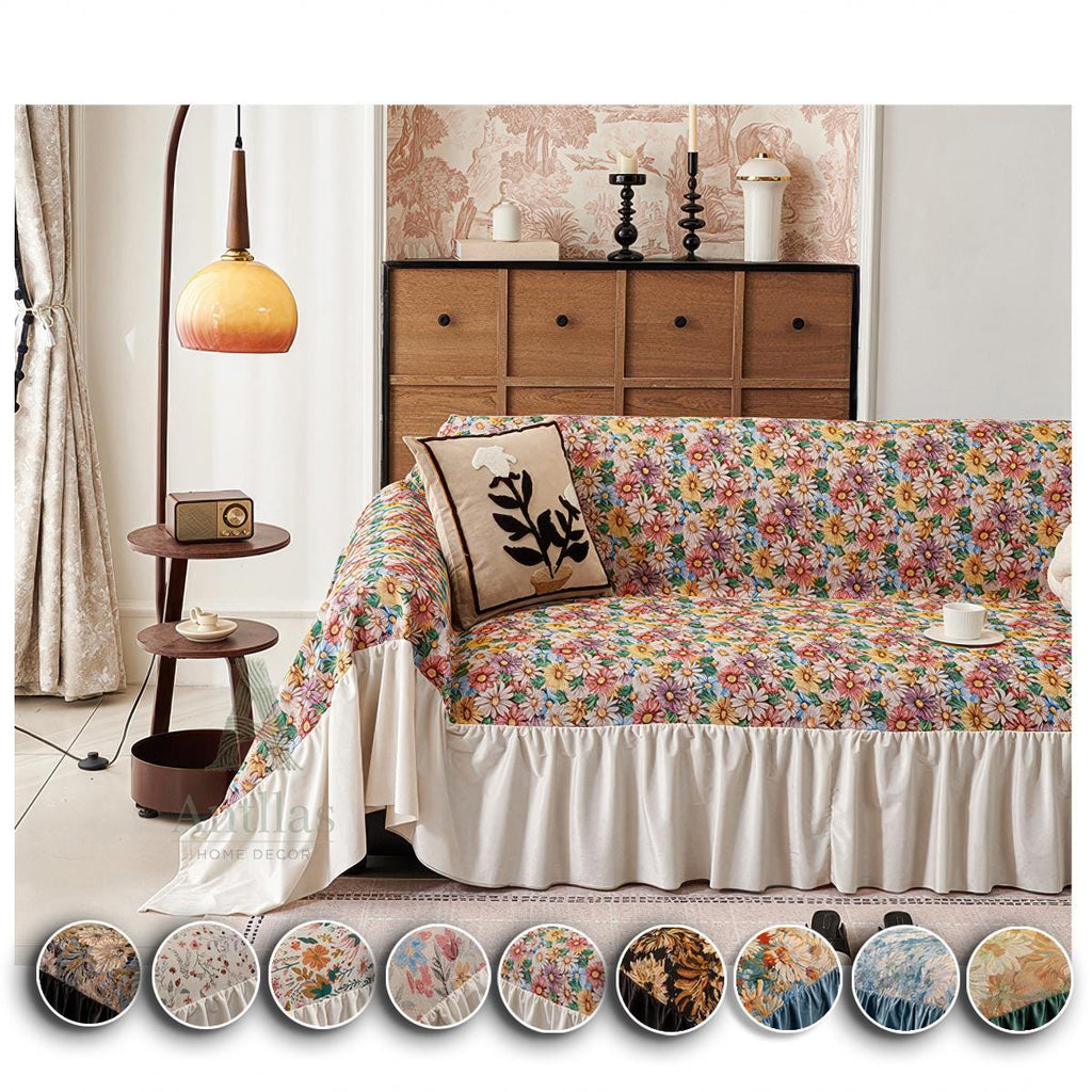 Floral Ruffle Sofa Cover, Vintage Garden Couch Throw, Cotton Blend