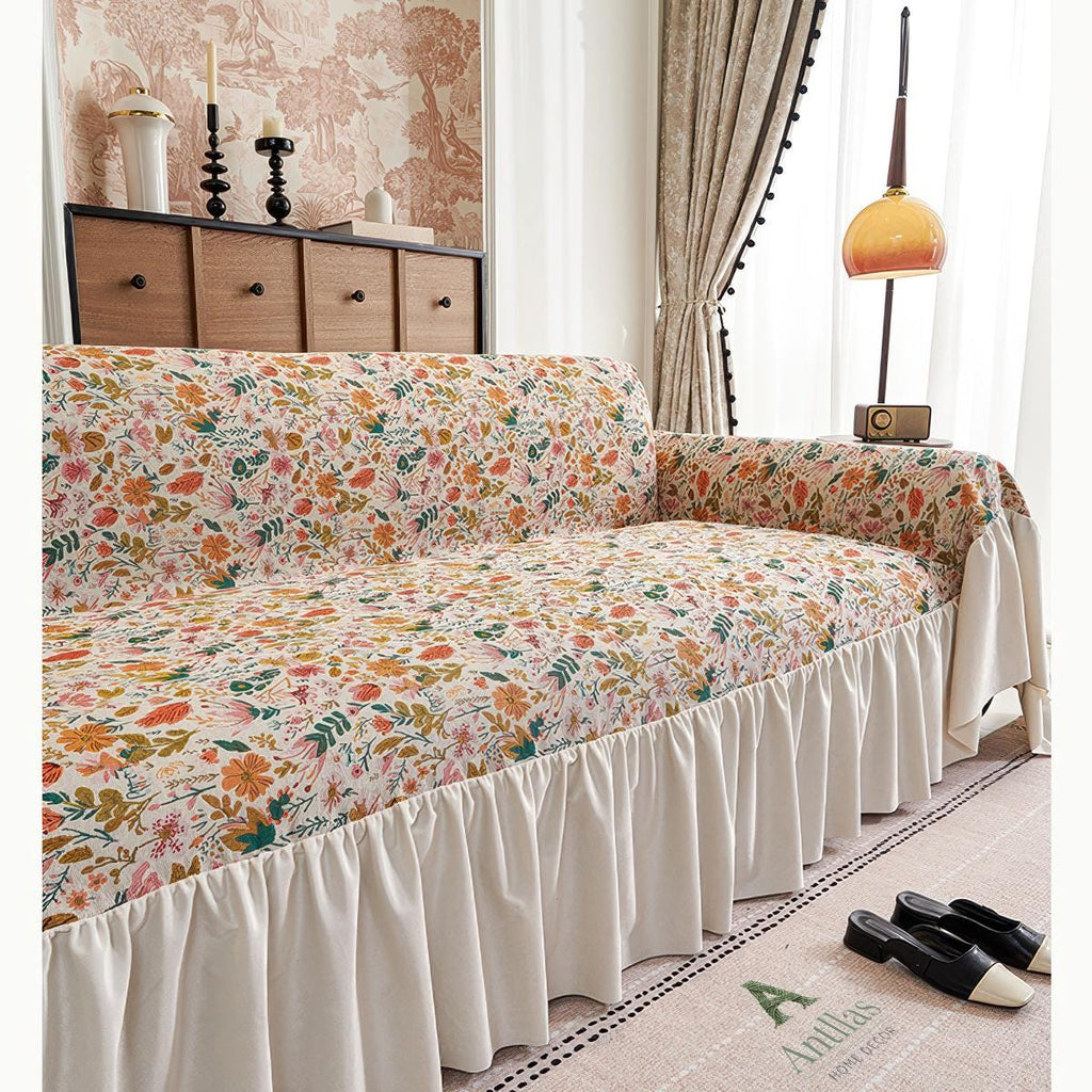 Floral Ruffle Sofa Cover, Vintage Garden Couch Throw, Cotton Blend