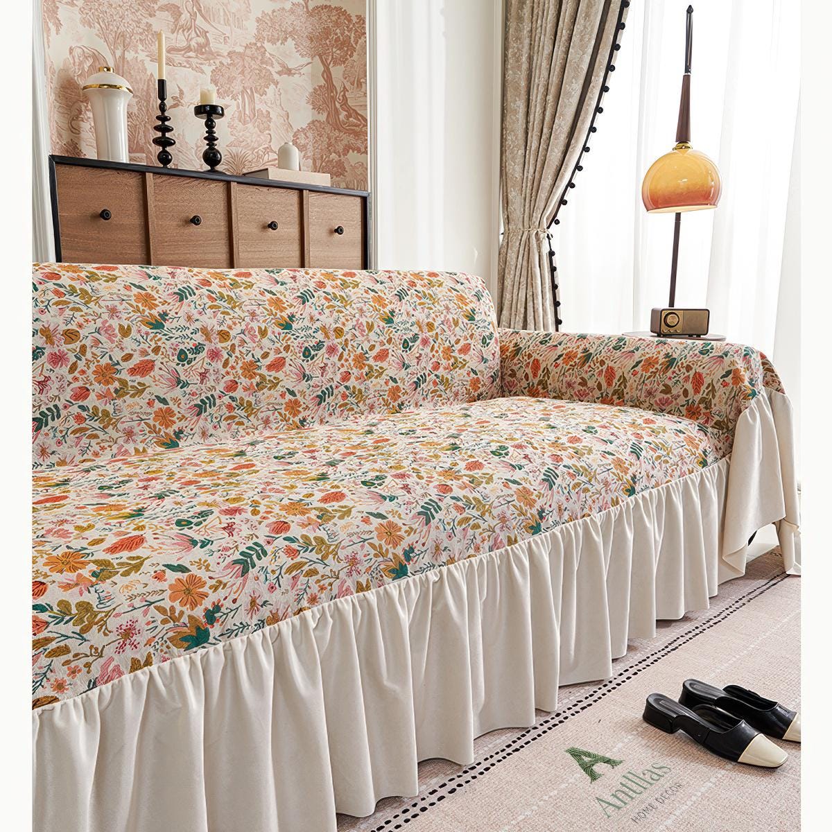 Floral Ruffle Sofa Cover, Vintage Garden Couch Throw, Cotton Blend