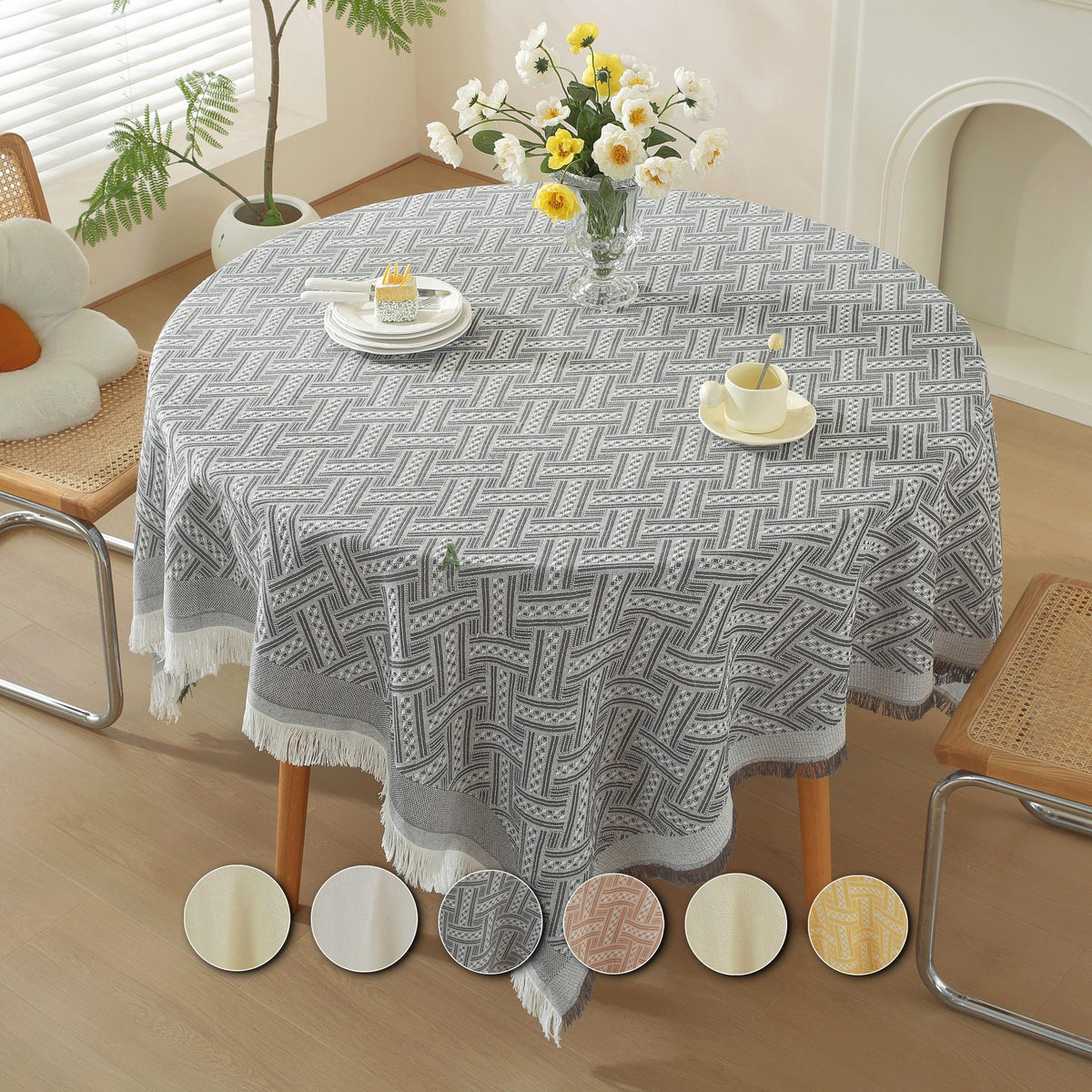 Woven Cotton Tablecloth, Rustic Farmhouse Table Cover, Rectangular Dining Cover