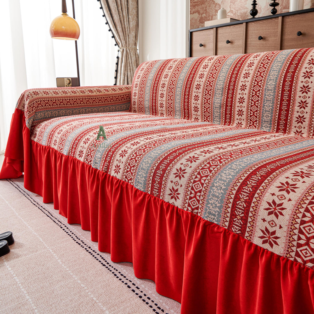 Red Bohemian Sofa Cover, Nordic Geometric Throw, Velvet Ruffle Skirt