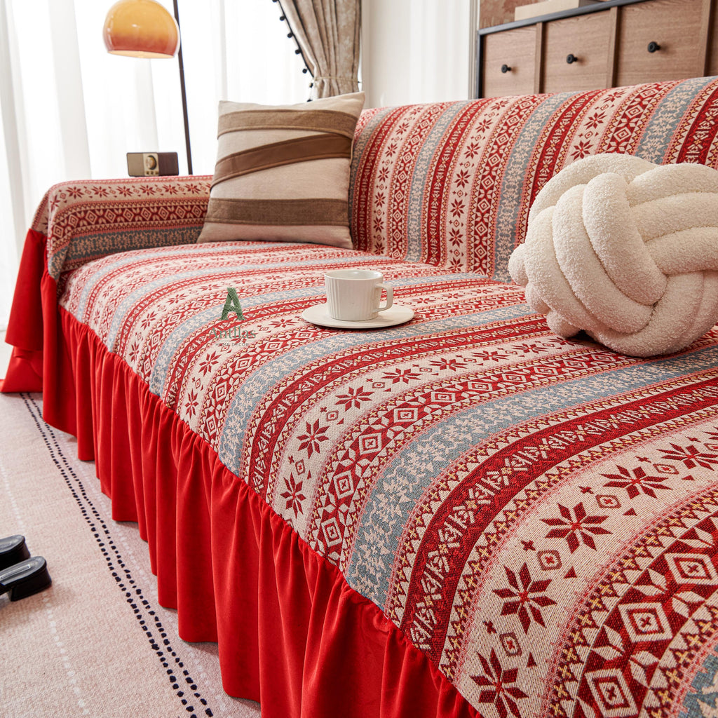 Red Bohemian Sofa Cover, Nordic Geometric Throw, Velvet Ruffle Skirt