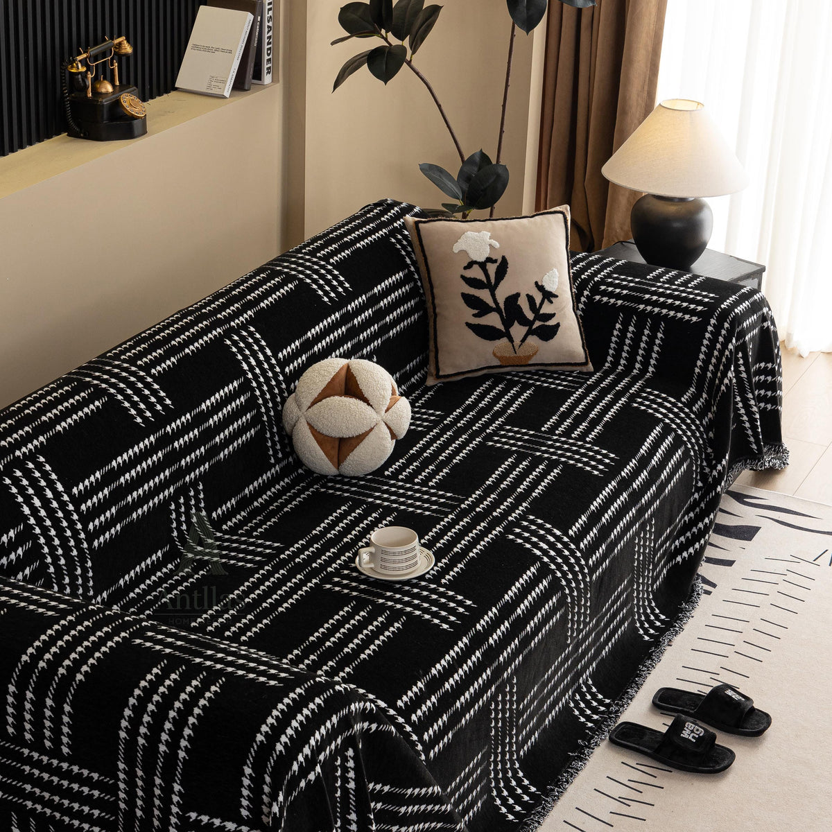 Chenille Houndstooth Sofa Cover, Black and White Plaid Throw, Vintage Dark Academia Decor