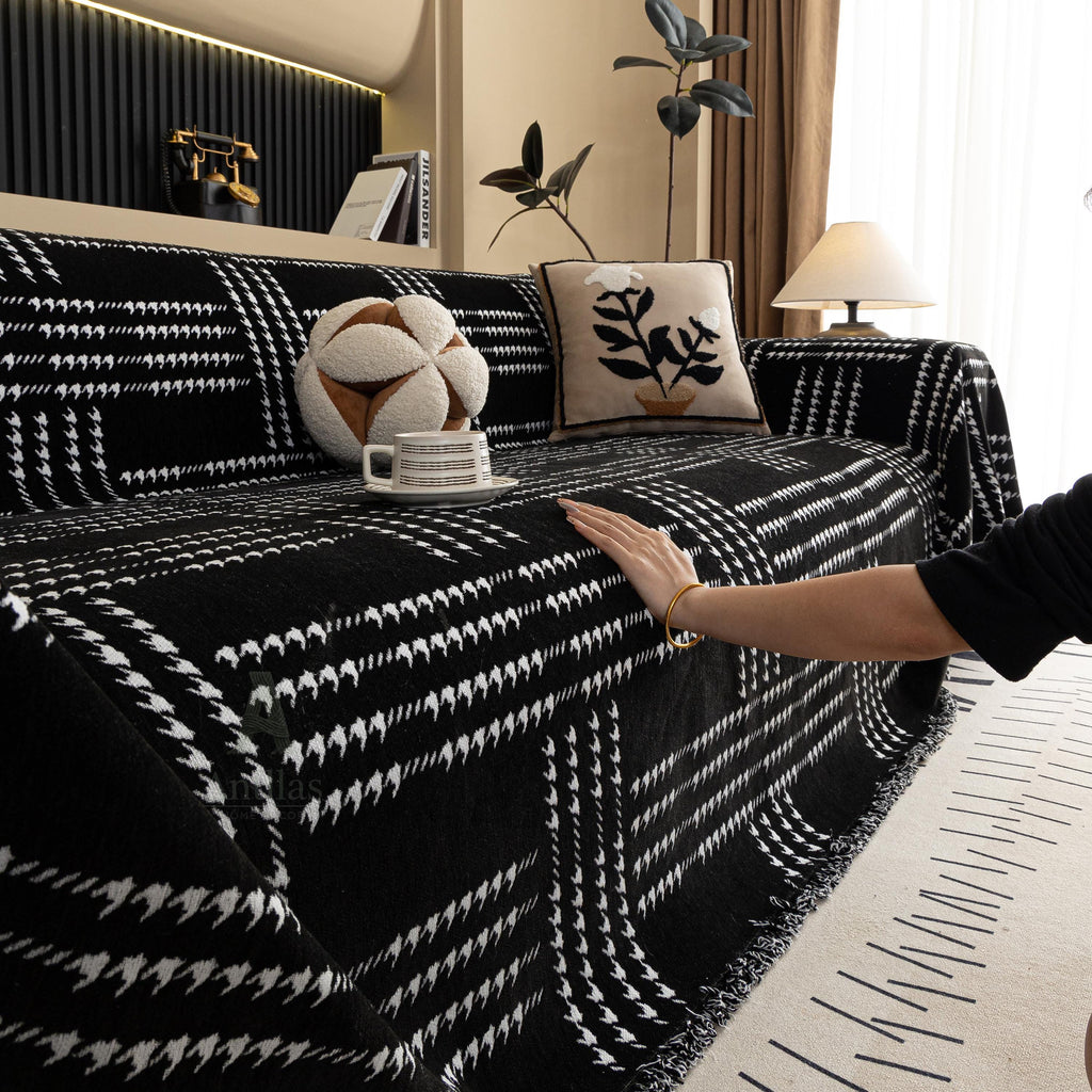Chenille Houndstooth Sofa Cover, Black and White Plaid Throw, Vintage Dark Academia Decor