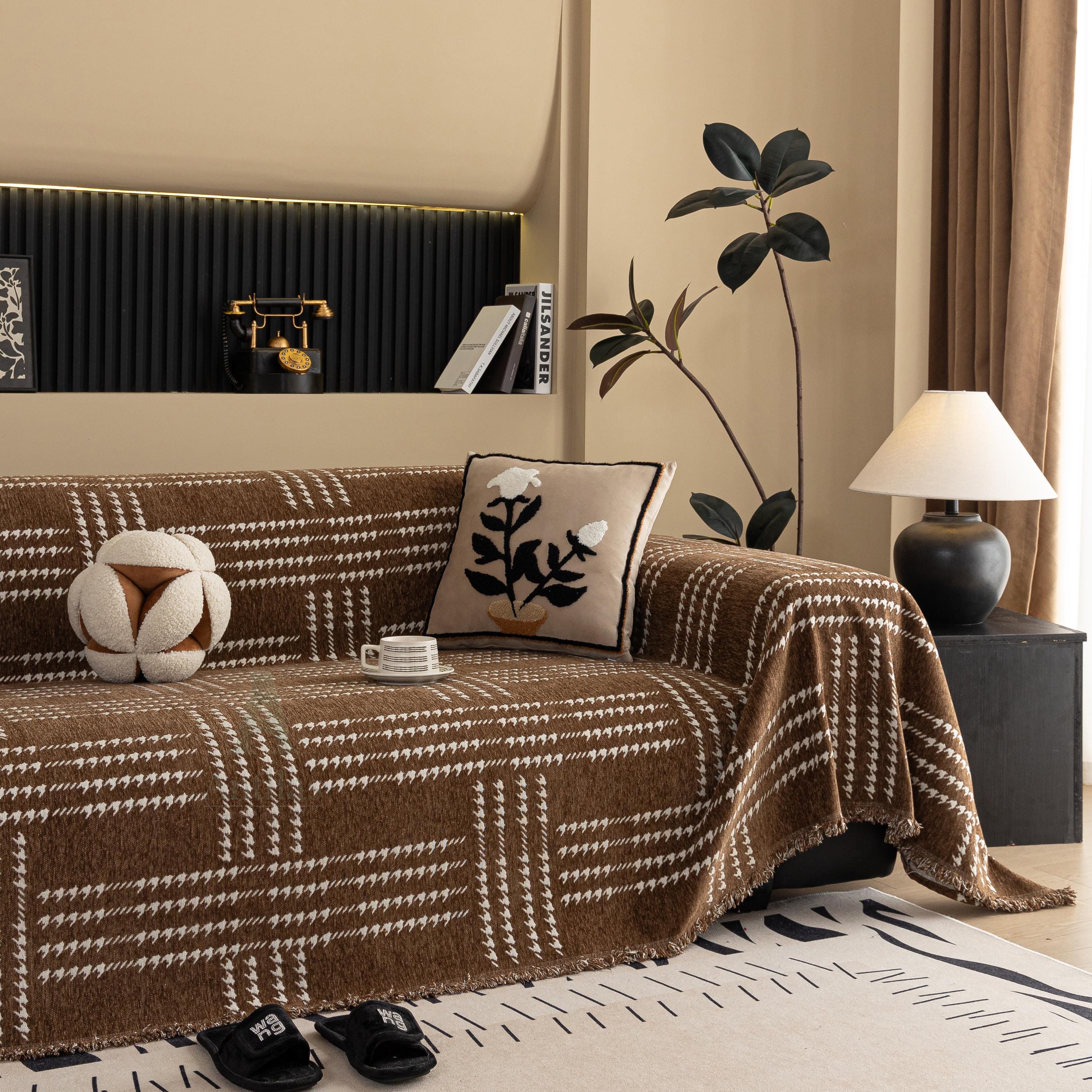 Chenille Houndstooth Sofa Cover, Black and White Plaid Throw, Vintage Dark Academia Decor