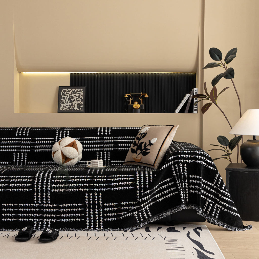 Chenille Houndstooth Sofa Cover, Black and White Plaid Throw, Vintage Dark Academia Decor