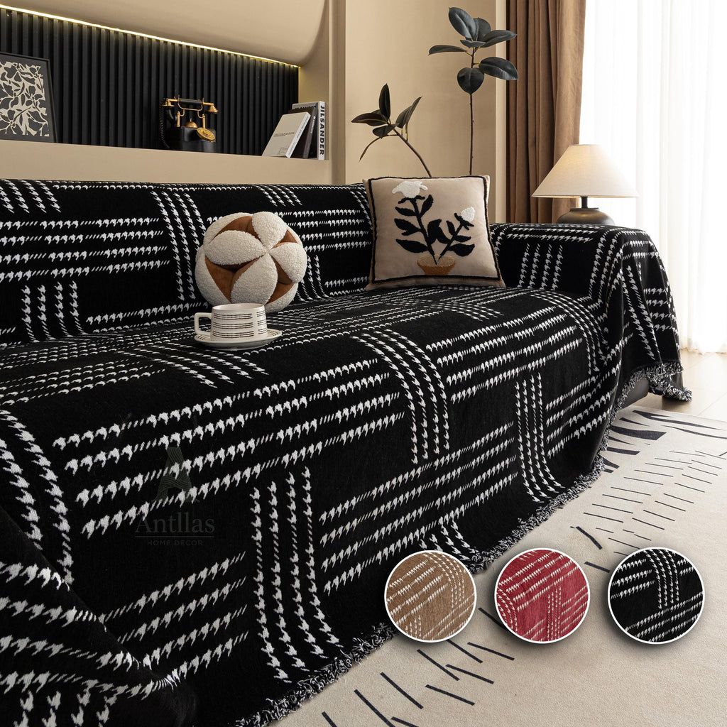 Chenille Houndstooth Sofa Cover, Black and White Plaid Throw, Vintage Dark Academia Decor