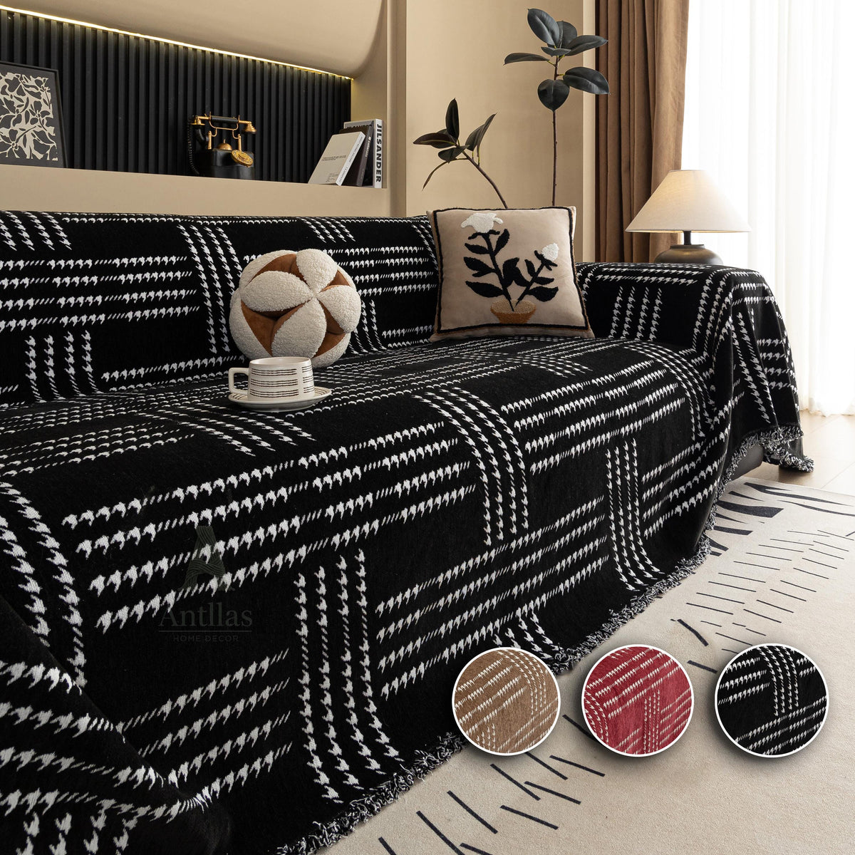Chenille Houndstooth Sofa Cover, Black and White Plaid Throw, Vintage Dark Academia Decor