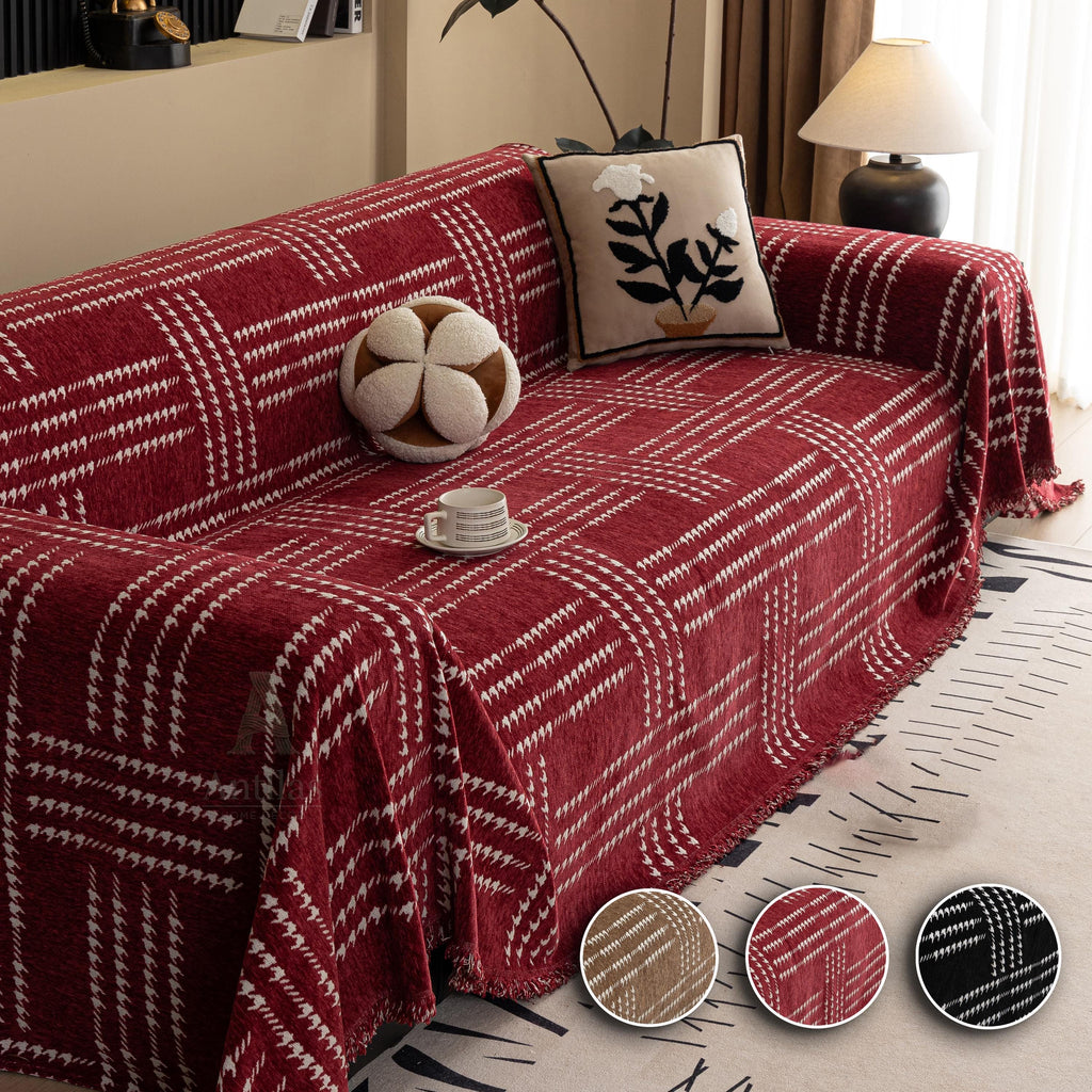 Chenille Houndstooth Sofa Cover, Black and White Plaid Throw, Vintage Dark Academia Decor